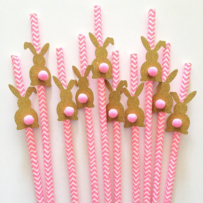 12 pcs Bunny Pompom Tail Cupcake Topper Gold Glitter for Birthday Baby Shower Baby Girl Boy Some Bunny is One theme