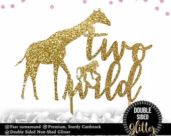 1 pc two wild safari jungle giraffe monkey cake topper second birthday toddler boy girl DOUBLE SIDED gold silver black glitter