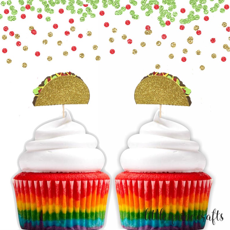 12 pc taco fiesta cupcake topper gold glitter Mexican party Etsy