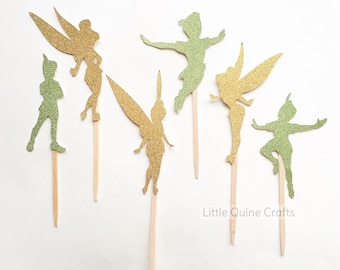 12 pcs peterpan tinkerbell never grow up neverland fairy boy girl baby shower birthday party theme green gold glitter dessert cupcake topper