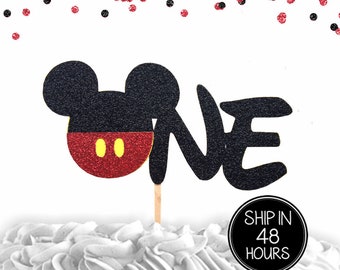 1 pc ONE Mickey Mouse Head Red Black Glitter Cake Topper for first Birthday Baby boy