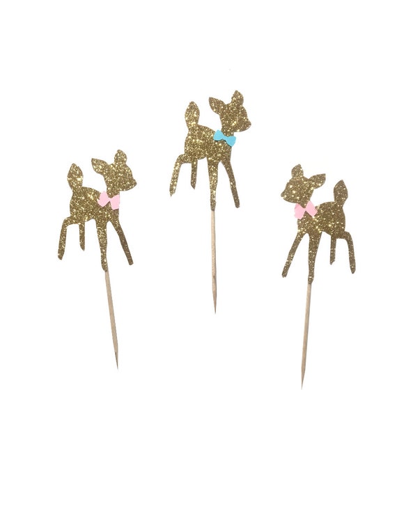 12 pcs baby deer pink blue bow fall winter woodland Gold Glitter Cupcake dessert Topper Birthday girl boy baby shower gender reveal