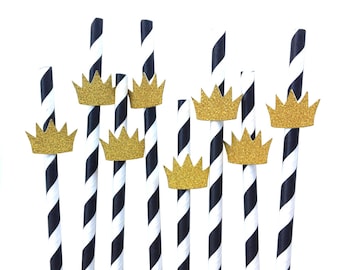 12 pcs gold glitter crown wild one where the wild things are black & white paper straw for first birthday party boy