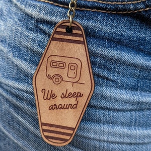Camping keychain Vintage Motel Key Keychain We sleep Around Camping gift Camper gift