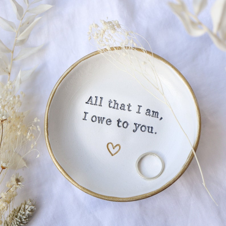 mother of the bride gift, mother gift from daughter, mothers day personalised ring dish, wedding gift, all that I am I owe to you, image 1