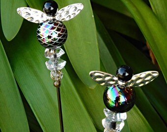 Insect design garden decor. Long spikes for pot plant glamour. Garden gift. Balcony garden bling, fun garden decor. Set of three buzzy bugs.