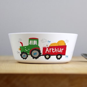 Personalised Children&#39;s Tractor Plastic Breakfast Cereal Bowl. Dinnertime Bowl. Child&#39;s Snack Bowl. Farmyard Tractor Plastic Bowl. 1st Bowl.