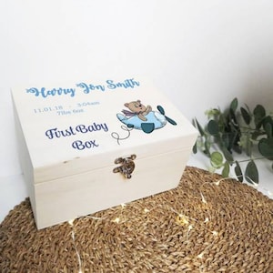 Personalised Wooden Keepsake Memory Box. Blue Teddy. Gift. Christening. New Baby.
