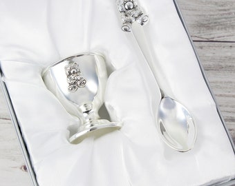 Personalised Children's Silver Egg Cup & Spoon. Keepsake. Christening. Baptism. Birthday. Gift.