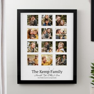 May include: A black framed photo collage with twelve family photographs arranged in a grid. Each photo has a white border. The text at the bottom reads "The Kemp Family" and "Our Crazy, Loud & Loving Family."