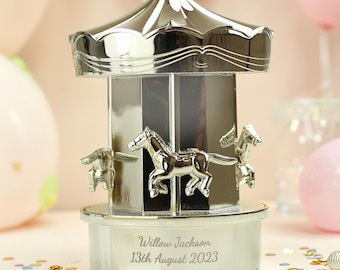 Personalised Children's Engraved Silver Carousel Money Box. Christening Present. Baptism Gift. 1st Birthday Gift. Gift For New Baby.
