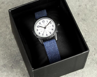 Personalised Black with Blue Canvas Strap Boys Watch. Boys Gift Boxed Watch. Birthday Gift.