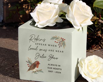 Personalised Robins Appear Memorial Vase: Resin Remembrance Flower Vase