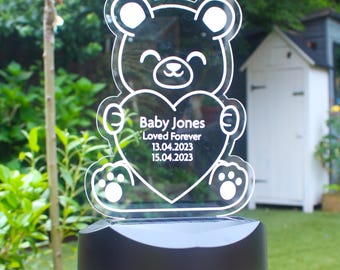 Personalised Baby Bear Child's Memorial Outdoor Garden Solar Night Light. Outdoor Remembrance Solar Colour Changing Light.
