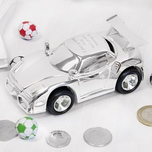Personalised Children's Engraved Silver Racing Car Money Box. Christening. Baptism. New Born. Gift.