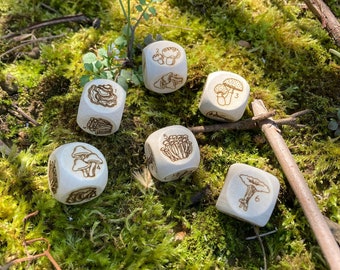 Laser Engraved Wood d6 with Mushrooms or Flowers