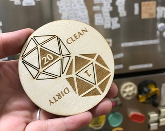 Laser Engraved Wooden d20 Clean / Dirty Reversible Dishwasher Magnet