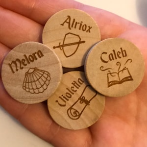 Custom Character Name and Icon Laser Engraved Wooden Tokens for DnD or Other TTRPG Games