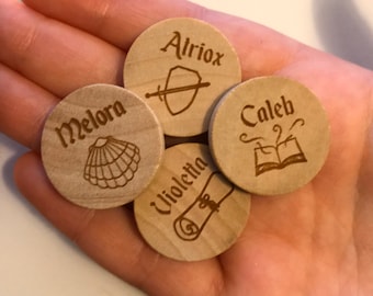 Custom Character Name and Icon Laser Engraved Wooden Tokens for DnD or Other TTRPG Games