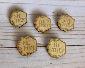 Laser Engraved Leafy Vine Pronoun Pins