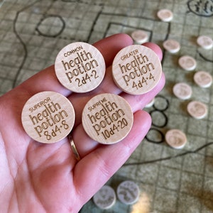 Laser Engraved Wooden Health Potion Tokens for DnD or Other TTRPG Games