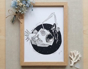 Anglerfish Art Print – Hand‑Illustrated Deep Sea Oddity – Unique Ocean Wall Decor Gift (Print)