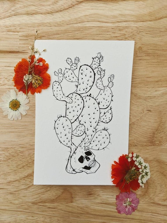 Skull Cactus Art Print  Boho Desert Skull & Cactus Illustration   Southwestern Wall Decor Gift, (Print)