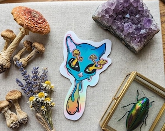 Op de afbeelding: Een verzameling items op een linnen oppervlak: een blauwe kattensticker met paddenstoelen, gedroogde paddenstoelen, een paarse amethistkristal, een boeket lavendel en madeliefjes en een ingelijste iriserende kever.