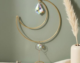 Crystal Suncatcher – Celestial Wall Decor – Moon & Star Hanging Prism (Wall Decor)
