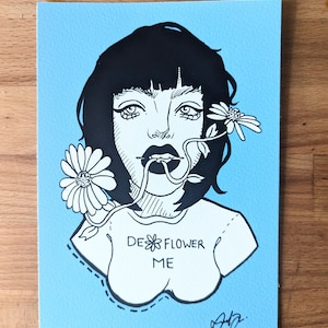 Floral & Feminist Ink Art Print – Adult Pop Art Figure with Pun Shirt – Sexy Empowerment Decor, (Print)