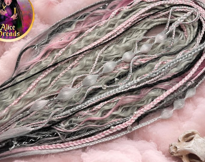 Curly Crochet Dreads: Black Pink Violet Silver Synthetic Dreadlocks, Bubble Braids Boho Hair Extensions