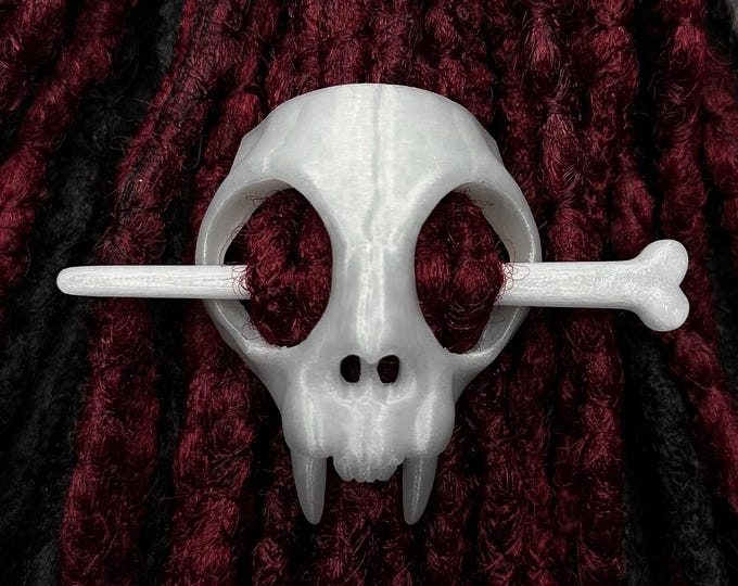 Cat Skull Pin For Dreads, Gothic Witchy Hair Stick, Halloween Accessory, Glow in Dark