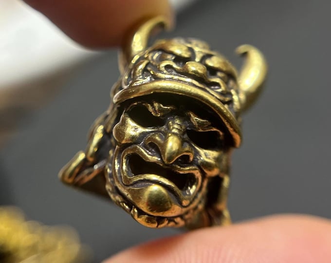 Brass Samurai Mask Dreadlock Bead, Braided Lanyard Pendant