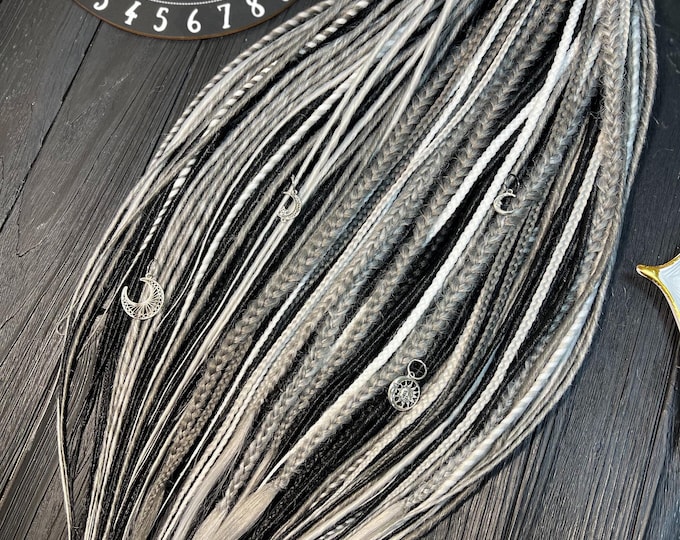 Gothic Synthetic Dreads: Black, Grey, Gray and White Braided Dreadlocks with Luna Beads