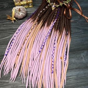 Wool dreads dark brown ombre beige, pink lavender dreadlocks with wrapped accents &quot;Orchid bouquet&quot;