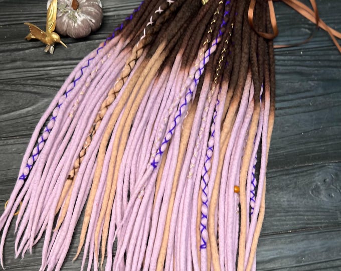 Wool dreads dark brown ombre beige, pink lavender dreadlocks with wrapped accents "Orchid bouquet"