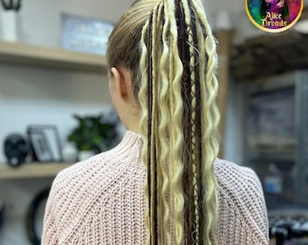 Curly Dreads Hair Tie: Blonde & Brown Synthetic thin twisted Dreadlock Ponytail Extension