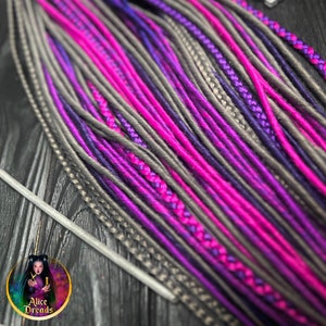 Thin synthetic dreads gray, purple, blue, fuchsia, magenta pink Double ended or single ended Dreadlock extensions set with braids