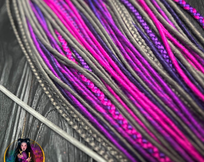 Gray, Purple, Fuchsia, Magenta, Pink Thin Synthetic Dreads: Braided Dreadlock Extensions