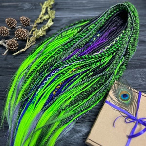 Neon Green Synthetic Dreads: Black Purple Blue Hair Extensions with wrapped accents, braids, twists