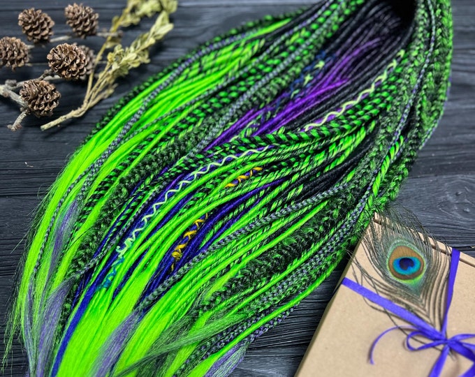 Neon Green Synthetic Dreads: Black Purple Blue Hair Extensions with wrapped accents, braids, twists