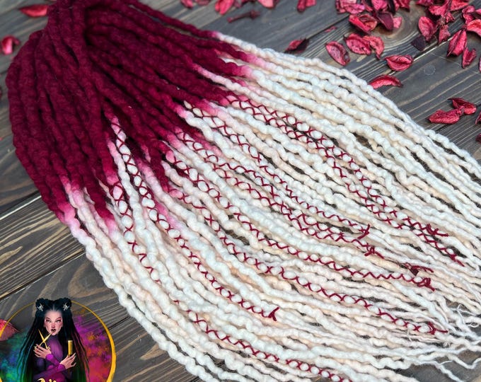 Ombre Wool Dreadlocks: Magenta, Burgundy, Pink to White Curls with wrapped accents