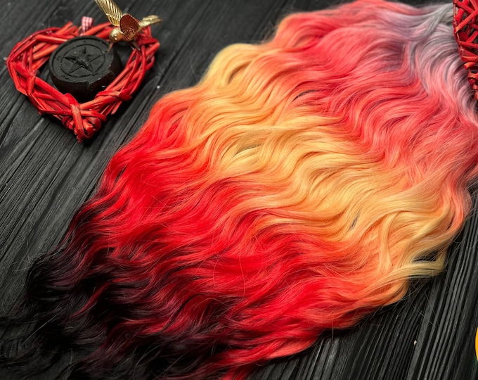 Light grey Peach Yellow Red Black Ombre Curly Dreads: Wavy Synthetic Hair Extensions