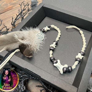 Macrame Hair Wrap: Raven Vertebrae, Feather & Pentagram - Gothic Festival Accessory