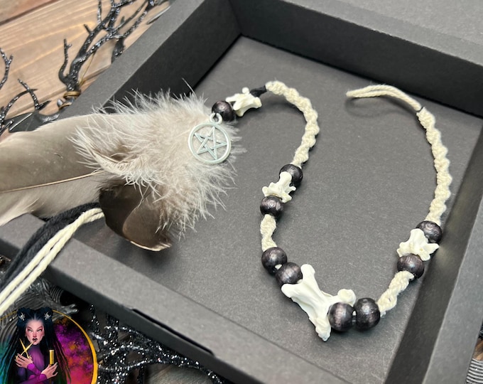 Macrame Hair Wrap: Vertebrae, Feather & Pentagram - Gothic Festival Accessory