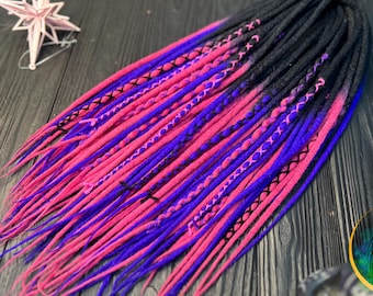 Ombre Wool Dreads Black to Blue, Magenta Pink Hair Extensions, Cosplay Fantasy Hairpiece