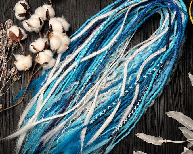 Crochet Synthetic Dreadlocks "Sea Foam" : Blue hair Extensions, White Braids, Ombre Curls, Wrapped accents
