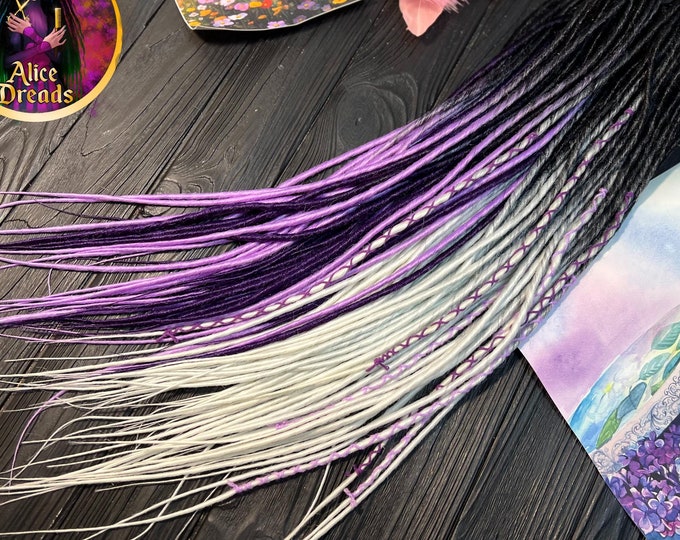 Ombre Synthetic Dreads: Black to Lavender Purple, White Thin Twisted Locks
