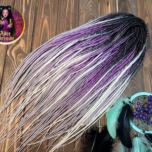 Black to White Purple Gray Silver Synthetic Dreads: Thin Braid Dreadlock Extensions with braids