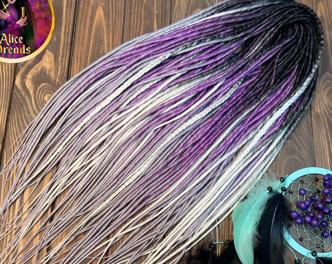 Black to White Purple Gray Silver Synthetic Dreads: Thin Braid Dreadlock Extensions with braids